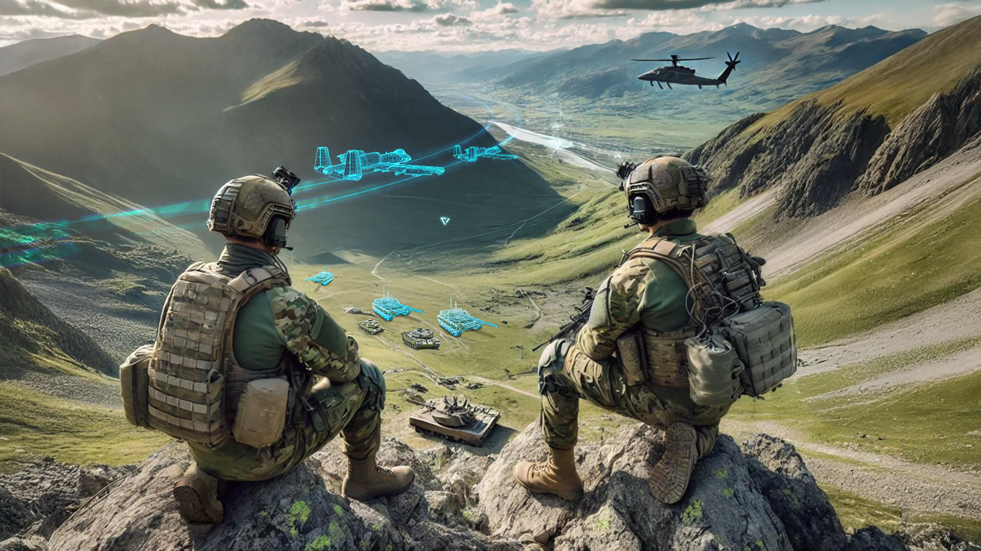 Military landscape with soldiers and wireframe military assets